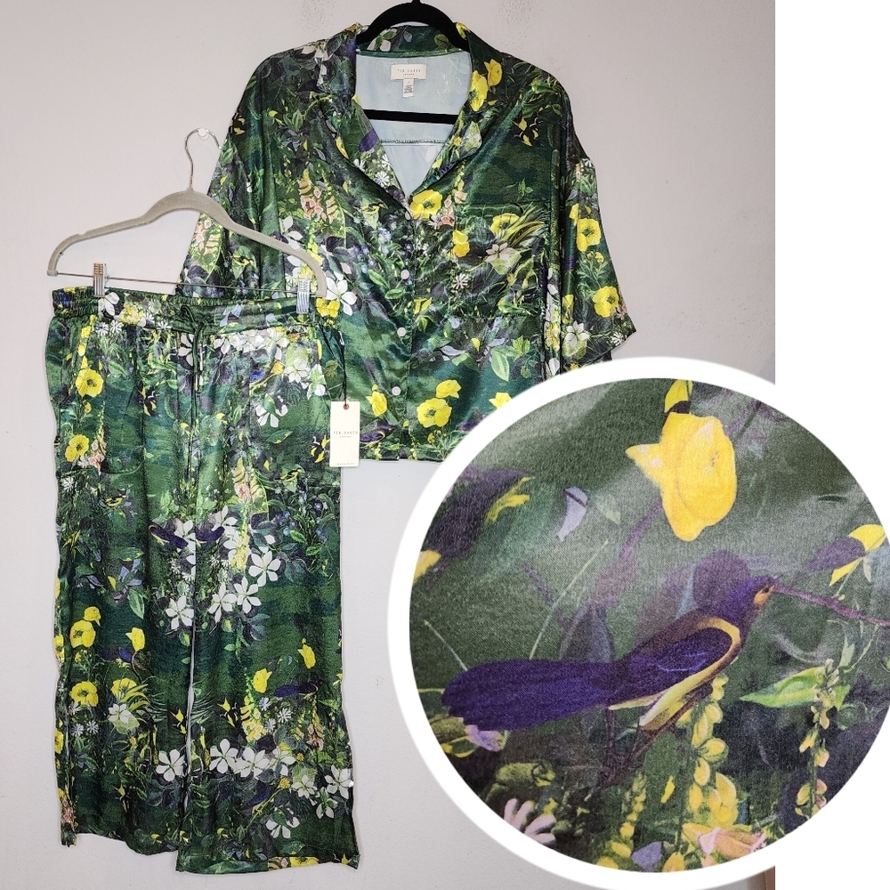 NWT‎ Ted Baker Satin 2 Piece Pajama Set Boxy Green Botanical Birds Size Large